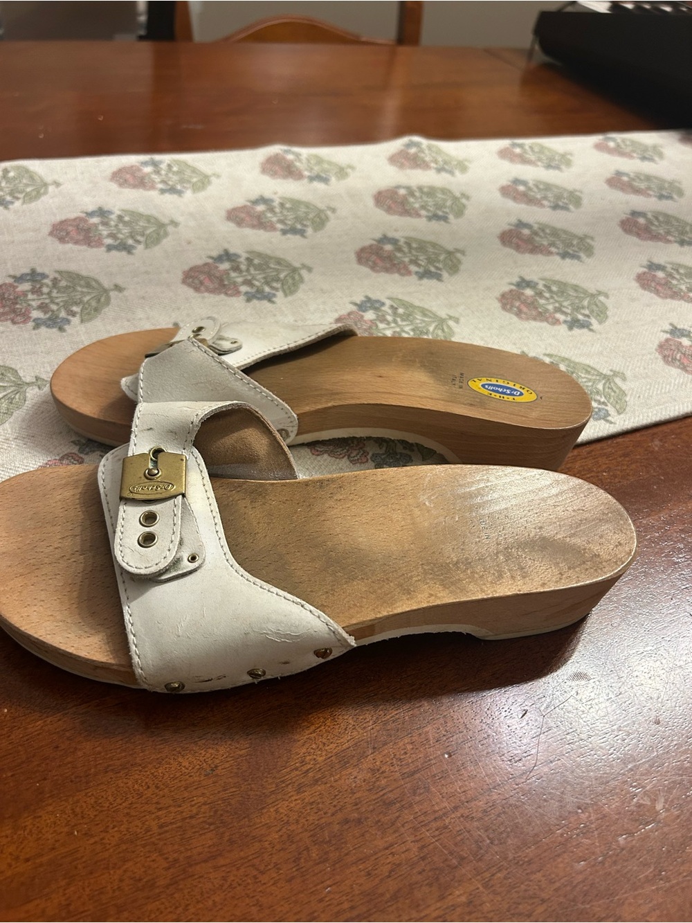 Dr. Scholl's White Leather Slide Clogs with Buckle Accent